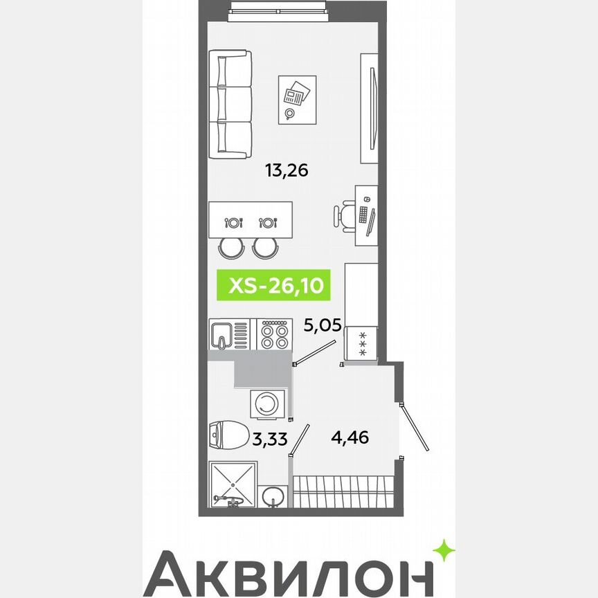 Квартира-студия, 26,1 м², 2/12 эт.