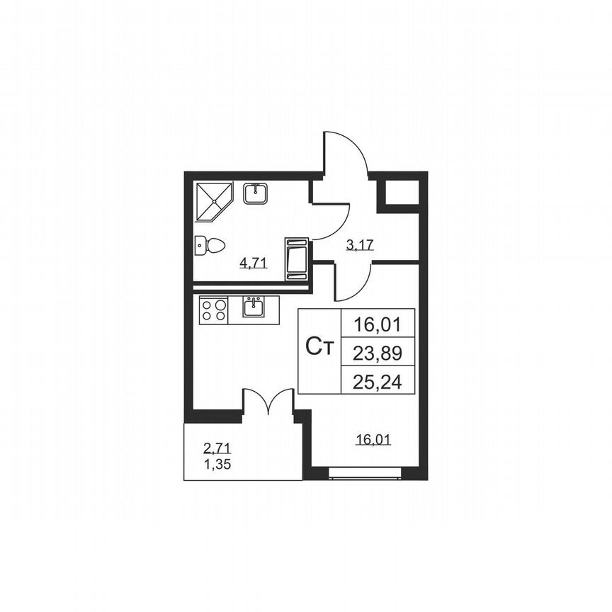 Квартира-студия, 25,2 м², 7/19 эт.