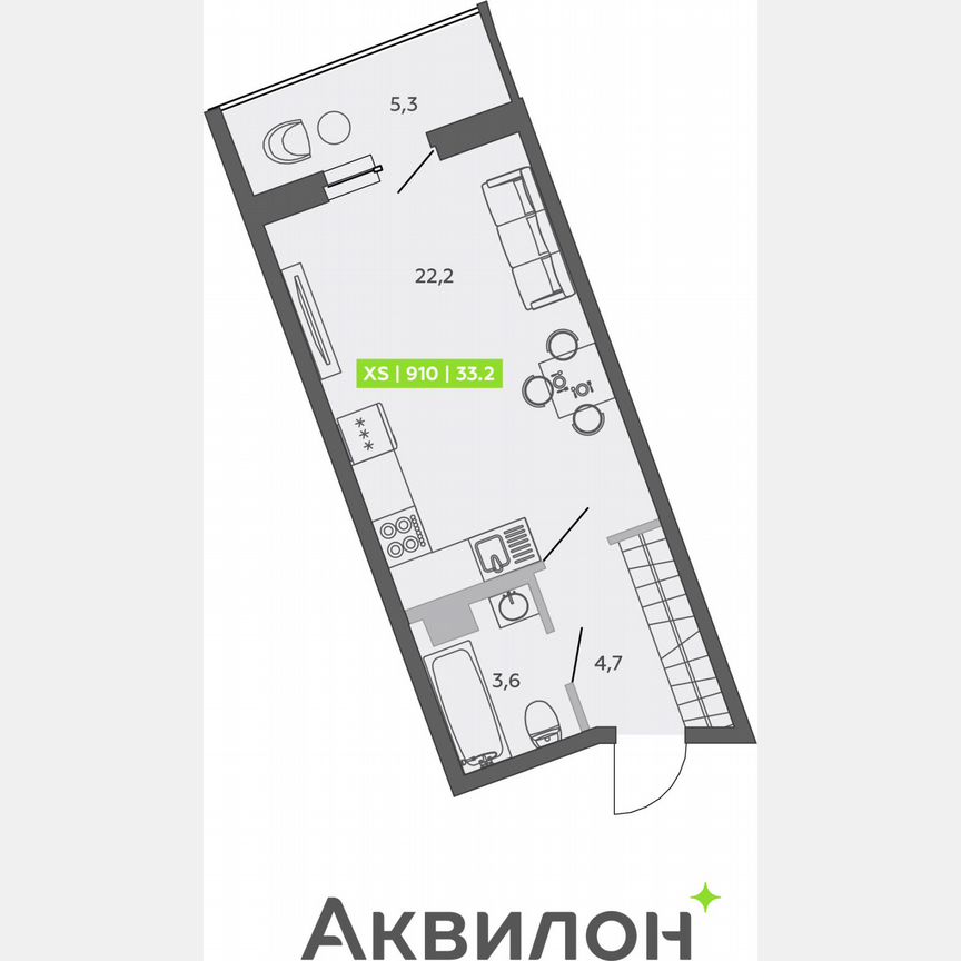 Квартира-студия, 33,2 м², 2/13 эт.