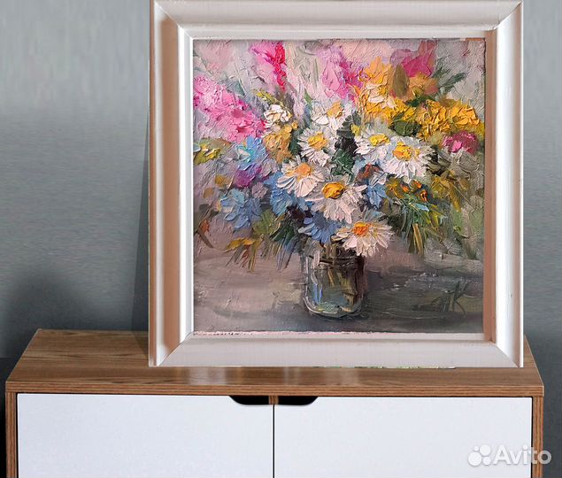 Картина ромашки букет полевые цветы маслом холст