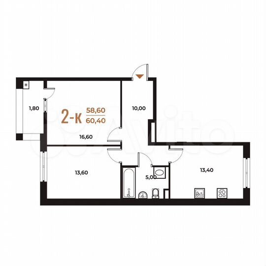 2-к. квартира, 60,4 м², 2/8 эт.