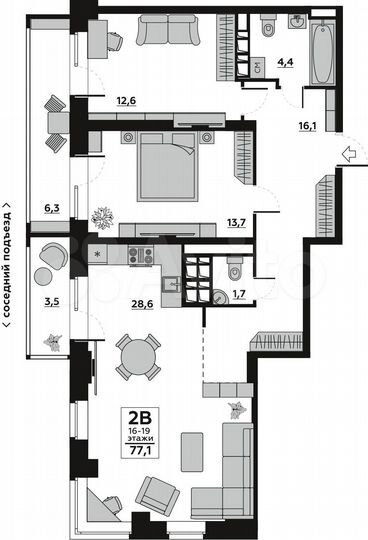 2-к. квартира, 82 м², 17/19 эт.