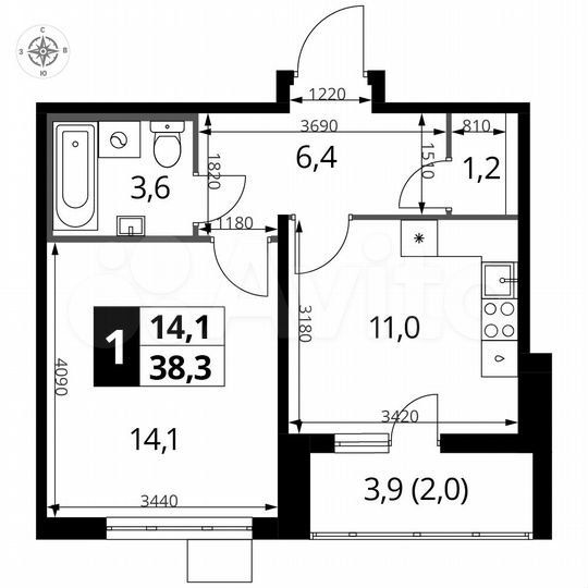 1-к. квартира, 38,2 м², 6/15 эт.