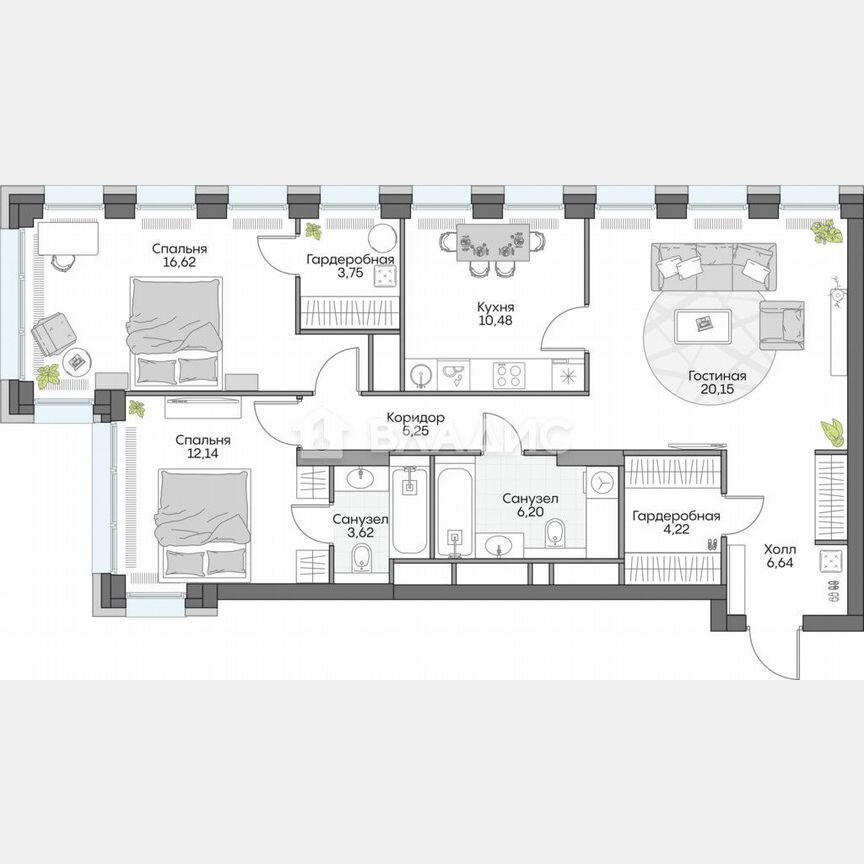 3-к. апартаменты, 89,5 м², 12/16 эт.
