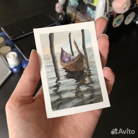 Пейзаж с лодочкой акварелью Коллекционная карточка