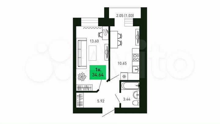 1-к. квартира, 34,6 м², 10/16 эт.