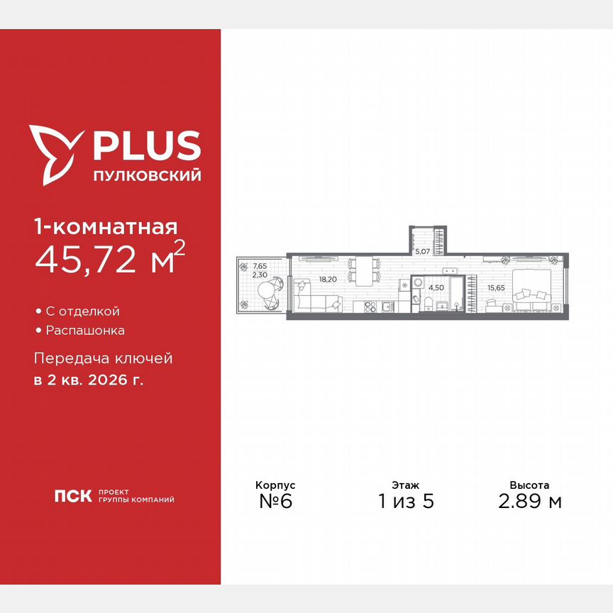 1-к. квартира, 45,7 м², 1/5 эт.