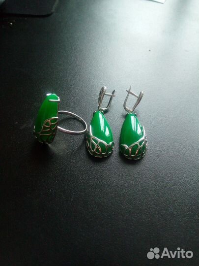 Комплект серьги + кольцо из хризопраза, серебро