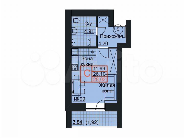 Квартира-студия, 28 м², 11/19 эт.