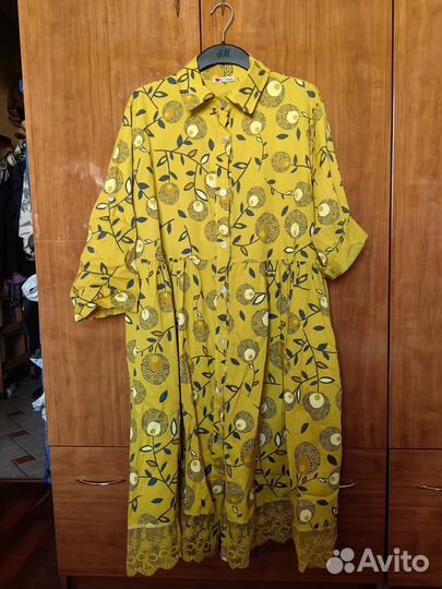 Платье горчичное на пуговицах, 46-50