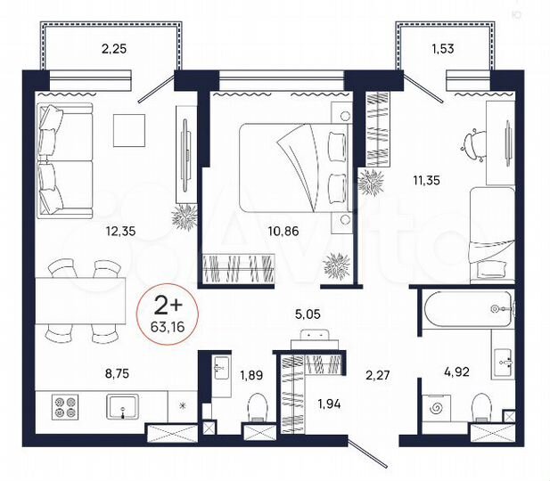 2-к. квартира, 63,2 м², 4/15 эт.