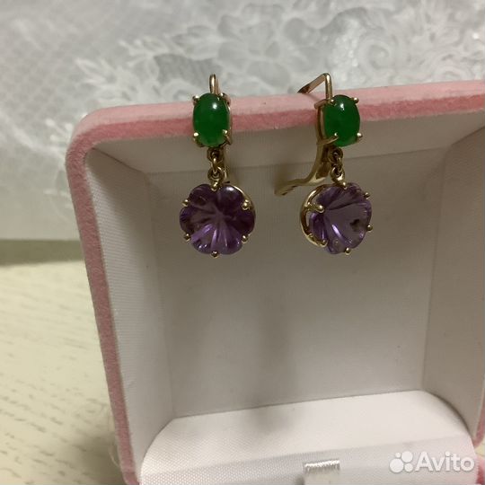 Серьги, желтое золото 585, аметисты, хризопразы