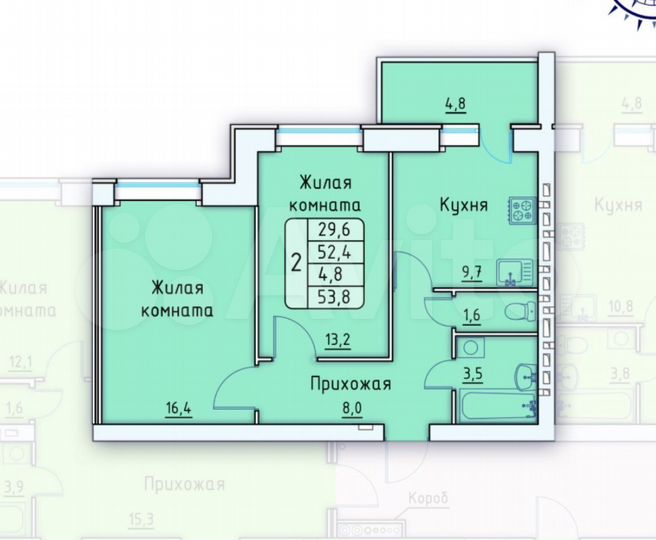 2-к. квартира, 53,8 м², 7/9 эт.