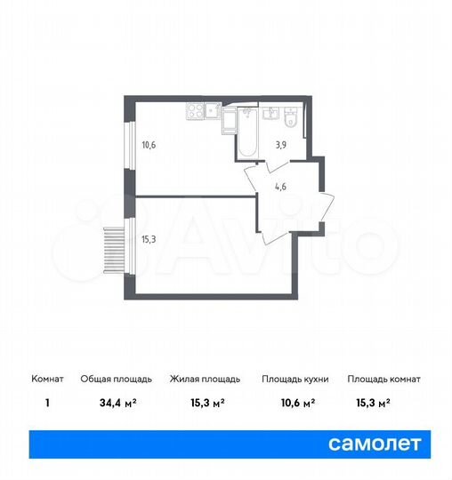 1-к. квартира, 34,4 м², 12/17 эт.