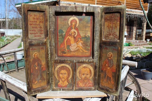 Икона старинная Триптих Север 51*57 золото темпера