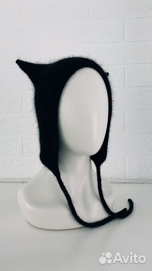 Чепчик с ушками из пуха норки черный