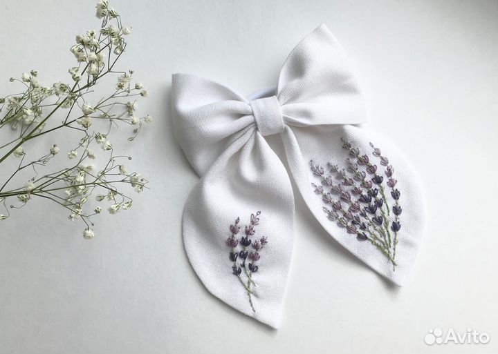 Льняной бантс вышивкой лаванда