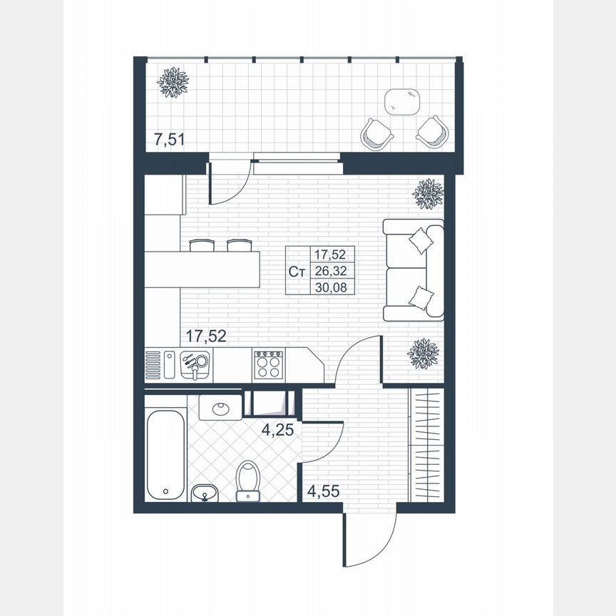 Квартира-студия, 26,1 м², 5/9 эт.