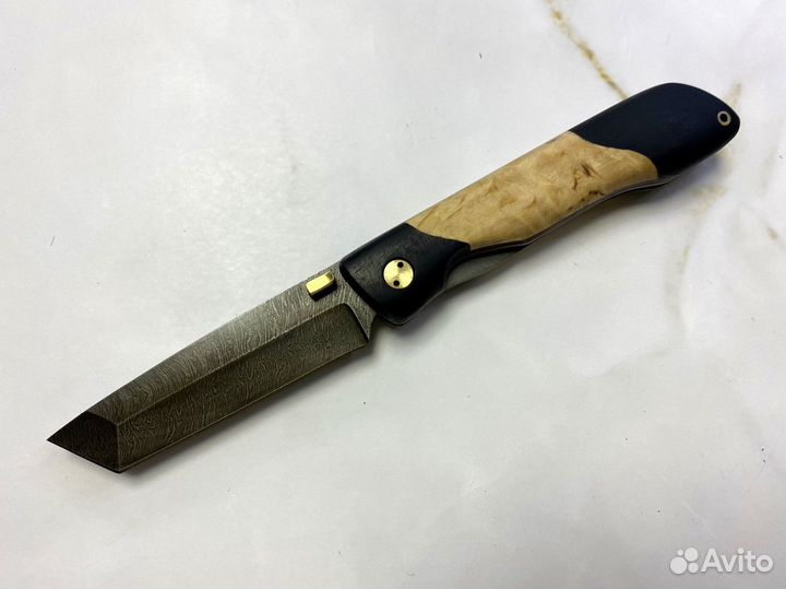 Складной нож Кунашир, дамасская сталь, карельская