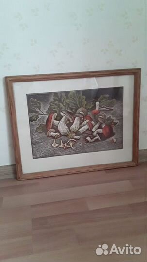 Картина линогравюра,гравюра, Грибы,подпись автора