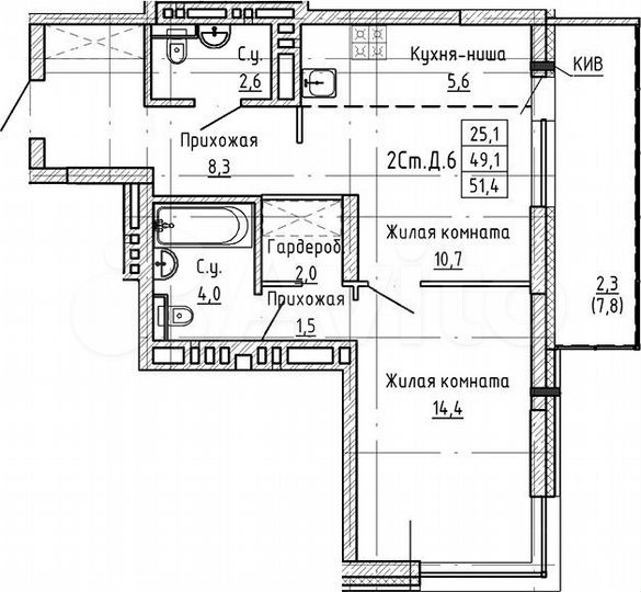 2-к. квартира, 51,4 м², 18/23 эт.