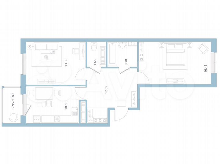 2-к. квартира, 57,4 м², 1/14 эт.