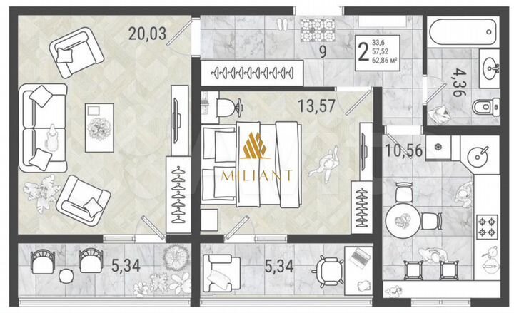 2-к. квартира, 62,9 м², 2/9 эт.