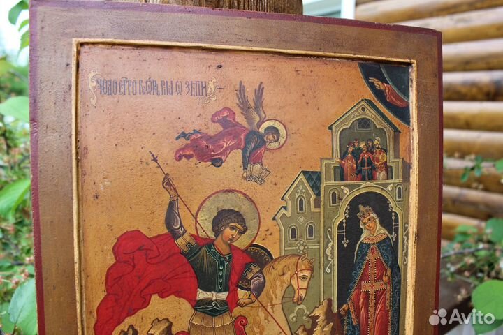 Старинная Икона Палех Георгий Победоносец 40*30