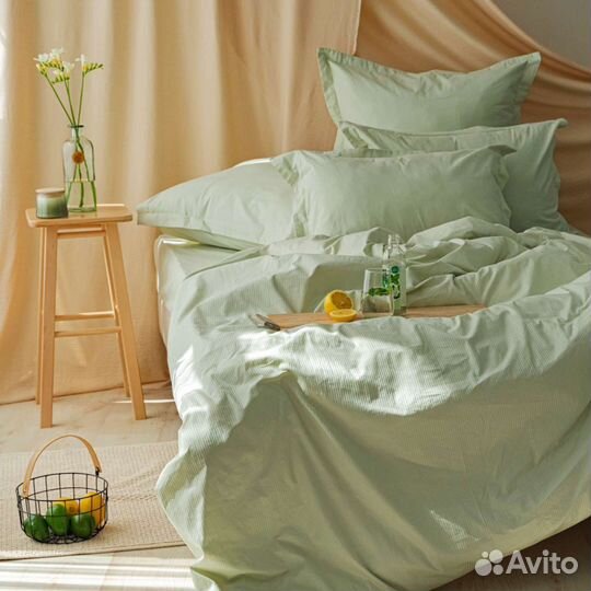 Постельное белье. Страйп сатин Green (зелёный)