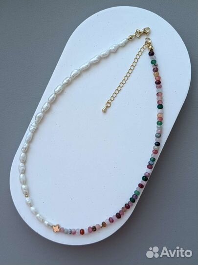 Колье чокер из натуральных камней. Жемчуг и агат