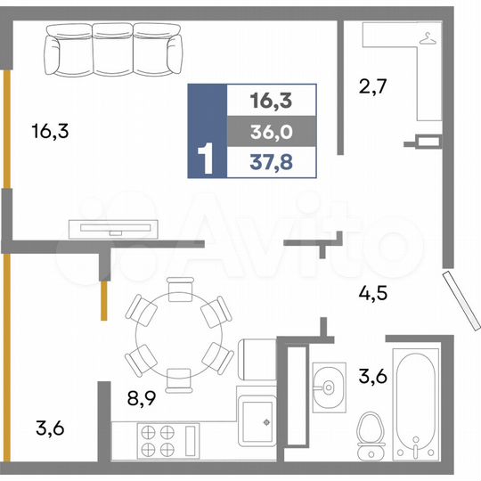 1-к. квартира, 37,8 м², 6/14 эт.