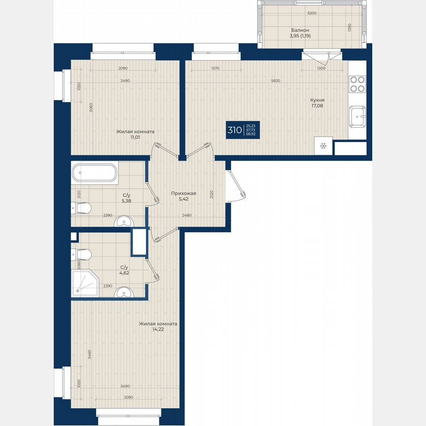 2-к. квартира, 58,9 м², 5/12 эт.