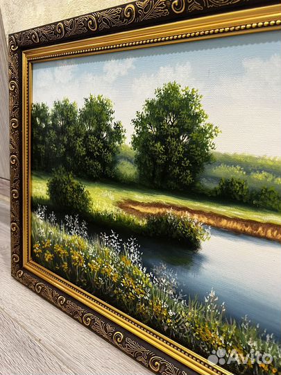 Картина масло холст пейзаж озеро пруд лето