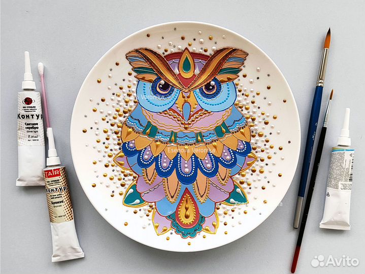 Тарелка Золотая Сова Ручная работа