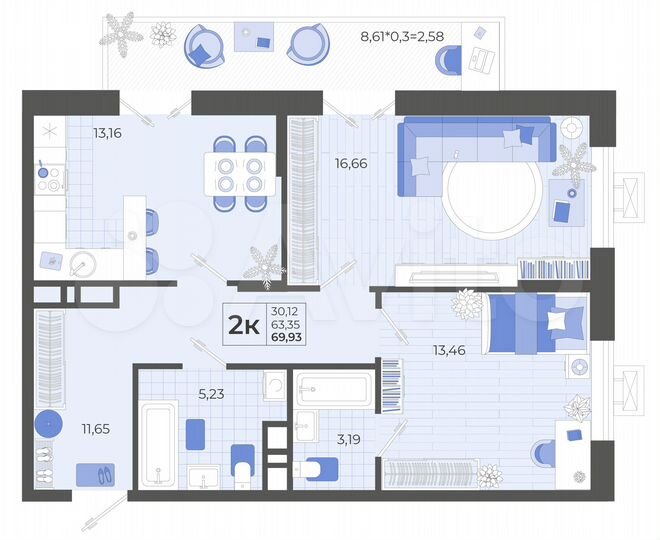 2-к. квартира, 65,9 м², 12/14 эт.