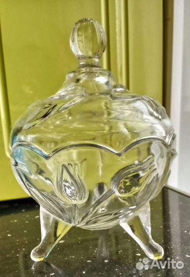 Сахарница на ножках с крышкой, стекло, тюльпаны