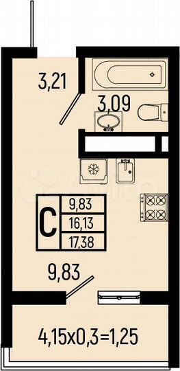 Квартира-студия, 17,4 м², 3/9 эт.