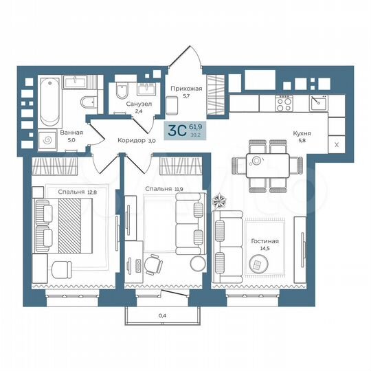 3-к. квартира, 61,9 м², 25/26 эт.