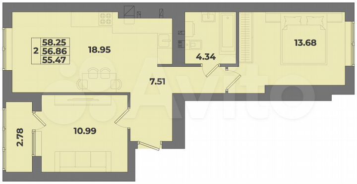 2-к. квартира, 58,3 м², 8/10 эт.