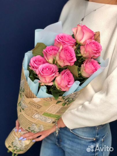 Букет из 9 розовых Роз Эквадор в крафте 60 см 2 Се