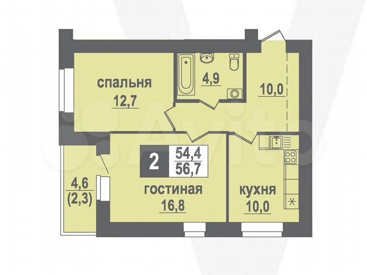 2-к. квартира, 56,7 м², 5/10 эт.