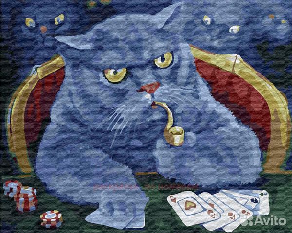Картина по номерам 40x50 Синий кот играет в карты