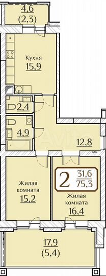 2-к. квартира, 75,3 м², 1/9 эт.