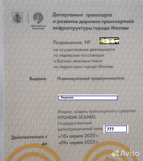 Лицензия такси на 5 лет ип Кис Арт эцп