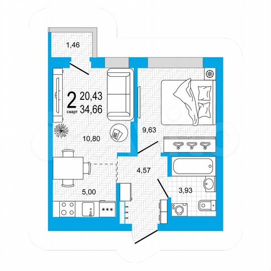 2-к. квартира, 34,7 м², 11/26 эт.
