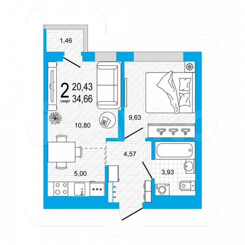 2-к. квартира, 34,7 м², 11/26 эт.