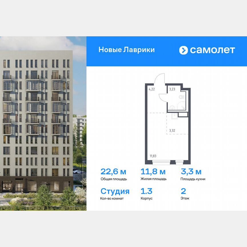 Квартира-студия, 22,6 м², 2/12 эт.
