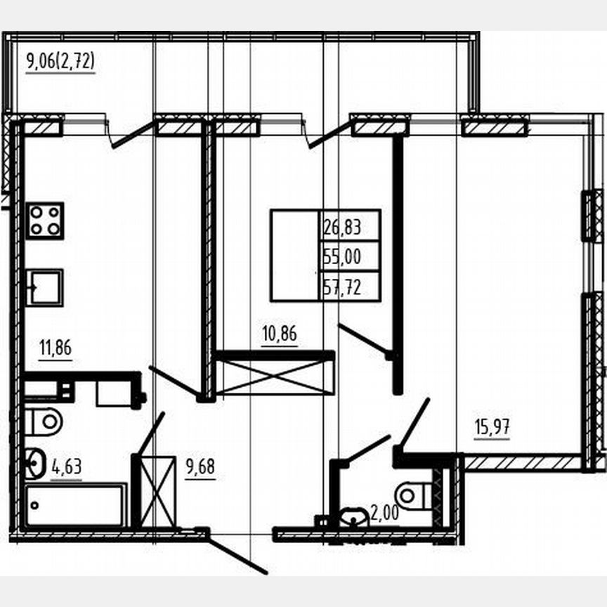 2-к. квартира, 55 м², 3/4 эт.