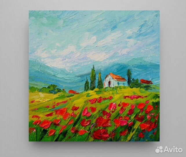 Картина маслом горный пейзаж с домиком и красными