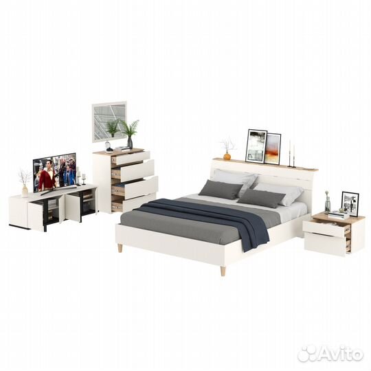 Спальный гарнитур белый Муссон с кроватью 1600 и тв-тумбой 13.276 белый/чёрный/дуб эндгрейн элегантн